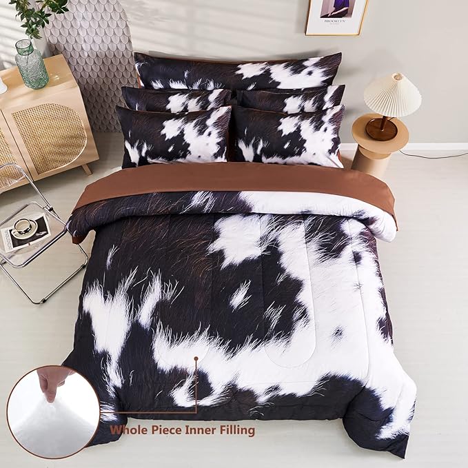 SUCSES King Size Comforter Set 8 Pieces Western Farmhouse Style Bedding Set Highland Rustic Cow Fur Print Bed in A Bag Comforter Set with Sheets (Cow Fur Pattern, King)