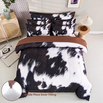 SUCSES King Size Comforter Set 8 Pieces Western Farmhouse Style Bedding Set Highland Rustic Cow Fur Print Bed in A Bag Comforter Set with Sheets (Cow Fur Pattern, King)
