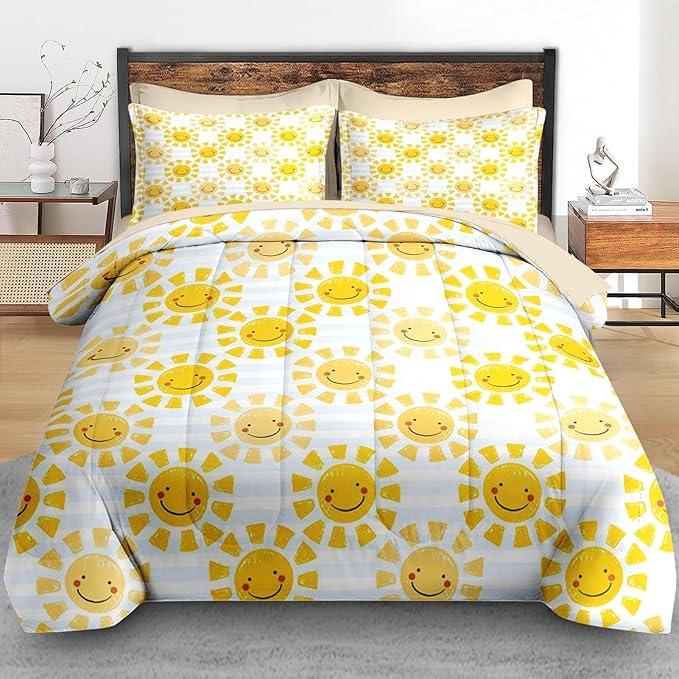 Comforter Set Queen Size, Cute Sunshine Sun 7 Pcs Bedding for Kids and Adults, Beach Summer Happy Bed Sheet Sets with Fitted Sheet 2 Pillowcases & 2 Shams for Bedroom Bed Decor