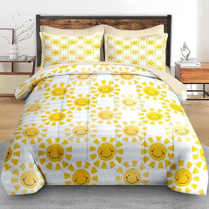 Comforter Set Twin Size, Cute Sunshine Sun 5 Pcs Bedding for Kids and Adults, Beach Summer Happy Bed Sheet Sets with Fitted Sheet Pillowcase & Sham for Bedroom Bed Decor