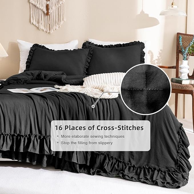 Masaca Black Ruffled Comforter Set Queen,Farmhouse Shabby Boho Chic Bedding,Ultra Soft Fluffy Ruffle Bed Comforter Set 3-Piece (1 Ruffle Comforter+2 Pillow Shams)