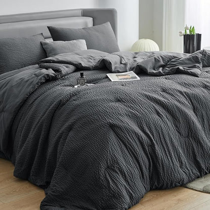 HOMBYS 3 Piece Seersucker Oversized King Comforter Set 120x128, Breathable Grey Soft Comforter Set, Lightweight Bedding Comforter Sets with Comforter for All Season