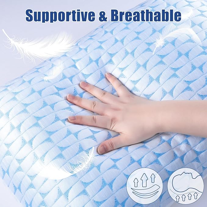 QUTOOL Firm Pillow Shredded Memory Foam, Cooling Pillow for Hot Sleeper, Adjustable Bed Pillow for Side Back Stomach Sleepers, Washable Cover, CertiPUR-US Certified, Queen Size Set of 2