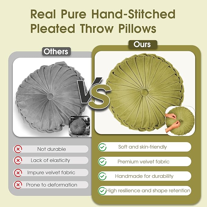 ROSE&RISY Round Pleated Velvet Throw Pillows, 2 Pcs Decorative Accent Pumpkin Pillow Cushion for Couch Sofa Chair Bed Car Home Decor (14.5 Inch, Olive Green)