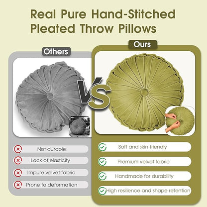 ROSE&RISY Round Pleated Velvet Throw Pillows, 2 Pcs Decorative Accent Pumpkin Pillow Cushion for Couch Sofa Chair Bed Car Home Decor (14.5 Inch, Olive Green)