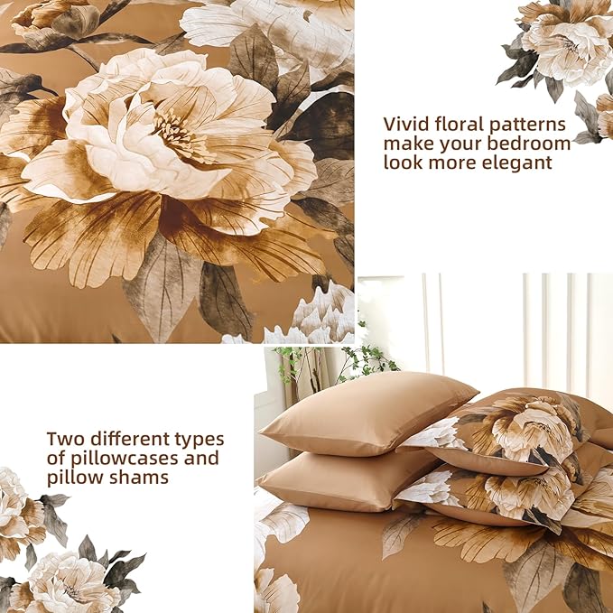 Dobuyly Brown King Size Comforter Set 7 Piece Bed in a Bag, Floral Printed on Brown Comforter Set with Sheets, Soft Microfiber Botanical Fall Complete Bedding Set for All Season