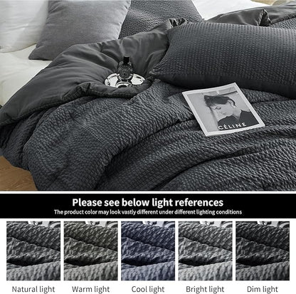 HOMBYS 3 Piece Seersucker Oversized King Comforter Set 128x128, Breathable Grey Soft Comforter Set, Lightweight Bedding Comforter Sets with Comforter for All Season