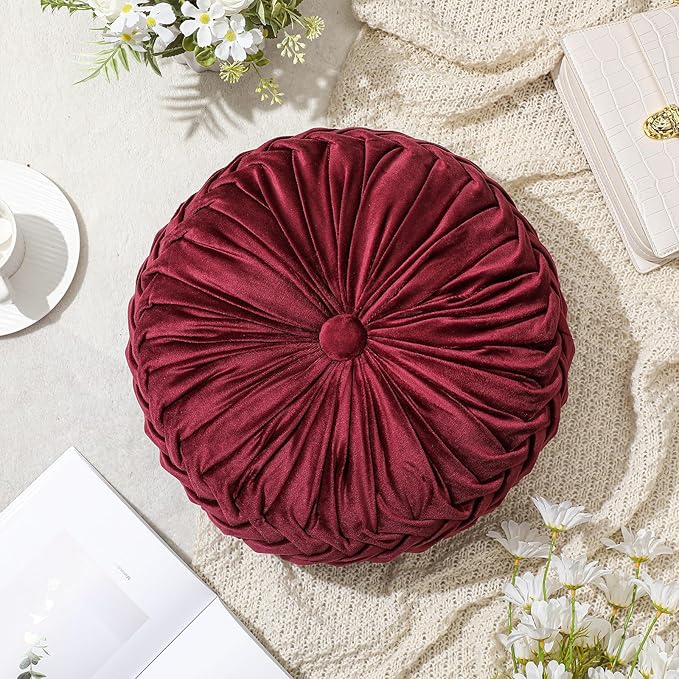 1 Pcs Round Throw Pillows Decorative Velvet Pleated Throw Pillows 15'' Diameter Accent Pumpkin Boho Chair Cushion for Couch Sofa Chair Bed Home Decoration (Wine Red)