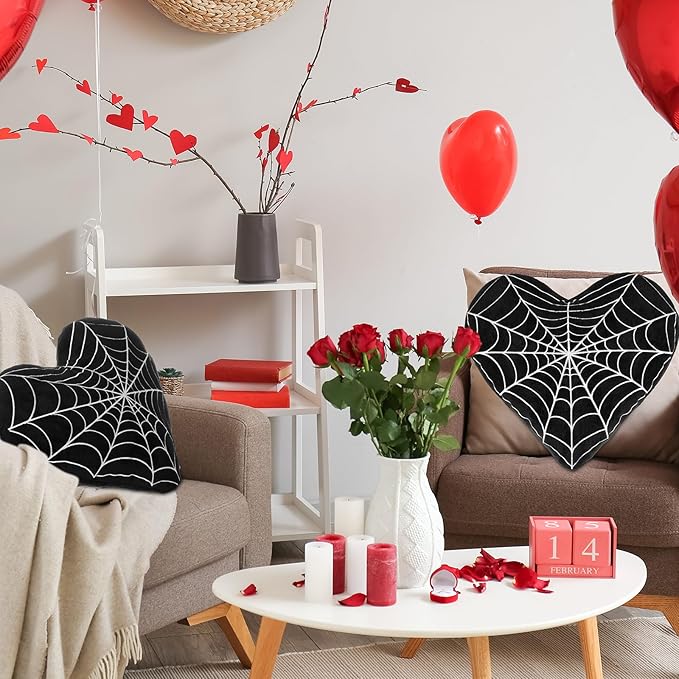 2 Pcs Valentine Gothic Heart Shaped Plush Pillows Gothic Black Spider Web Decor Soft Throw Pillows Valentines Day Pillow Room Decorative for Bedroom Living Room Couch Chair Sofa