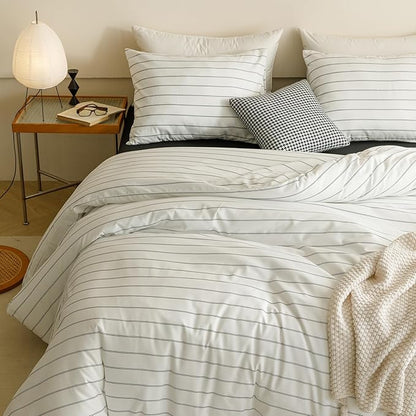CLOTHKNOW Striped Comforter Set Twin/Twin XL White Black Bedding Comforter Sets Black Stripes Comforter White Farmhouse Bedding Sets