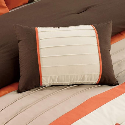 Chezmoi Collection Serene 7-Piece Luxury Autumn Floral Embroidery Comforter Set, California King, Orange/Brown/Taupe