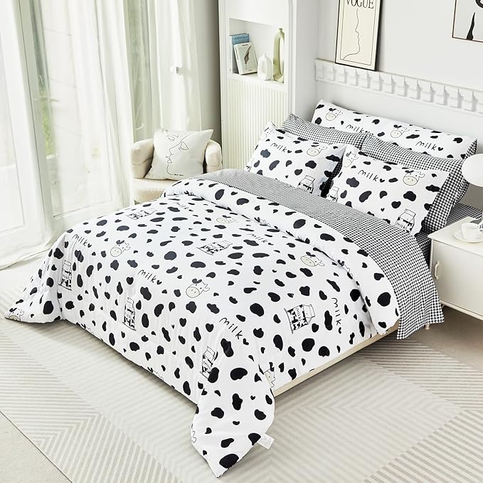 SUCSES Full Size Comforter Set with Sheets 8 Piece Cow Print Bedding Set for Boys Girls Black and White Kids Bed-in-A-Bag Farmhouse Rustic Bed Set for Bedroom (Milk Cow, Full)