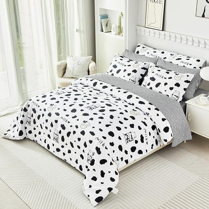 SUCSES Full Size Comforter Set with Sheets 8 Piece Cow Print Bedding Set for Boys Girls Black and White Kids Bed-in-A-Bag Farmhouse Rustic Bed Set for Bedroom (Milk Cow, Full)