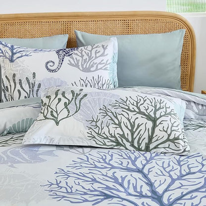 WONGS BEDDING Comforter Set Queen，Coastal Beach Theme Bedding Set, 7 Pieces Ocean Nautical Seaweed & Starfish Bed in a Bag for All Season(90"×90")