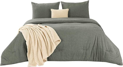 Bedsure 5 PCS Cotton Comforter Set with Waffle Throw Blanket - Breathable Bedding Set for All Seasons, Olive Green Comforter King Size, Pillow Shams, Beige 100% Cotton Blanket, Throw Pillow