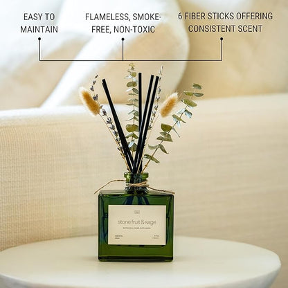 Craft & Kin Reed Diffuser with Dried Flowers | 5 oz Stone Fruit & Sage Scented Holiday Reed Diffusers for Home, Bathroom | Scent Sticks | Elegant Fragrance Home Decor for Men & Women