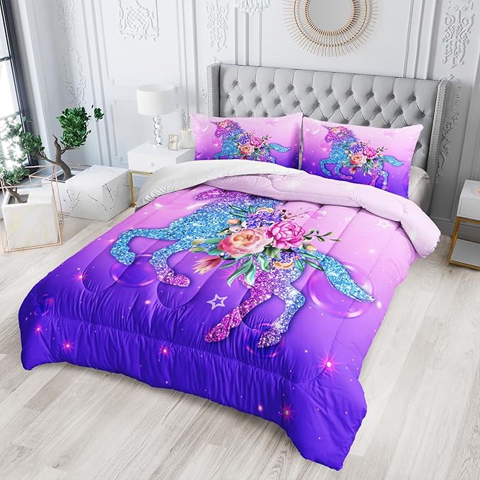 Dreamy Unicorn Comforter Sets Queen， Purple Dreamy Unicorn Bedding Sets for Kids,Flowers and Gradient Purple Comforter Sets All Season 1 Comforter and 2 Pillowcases