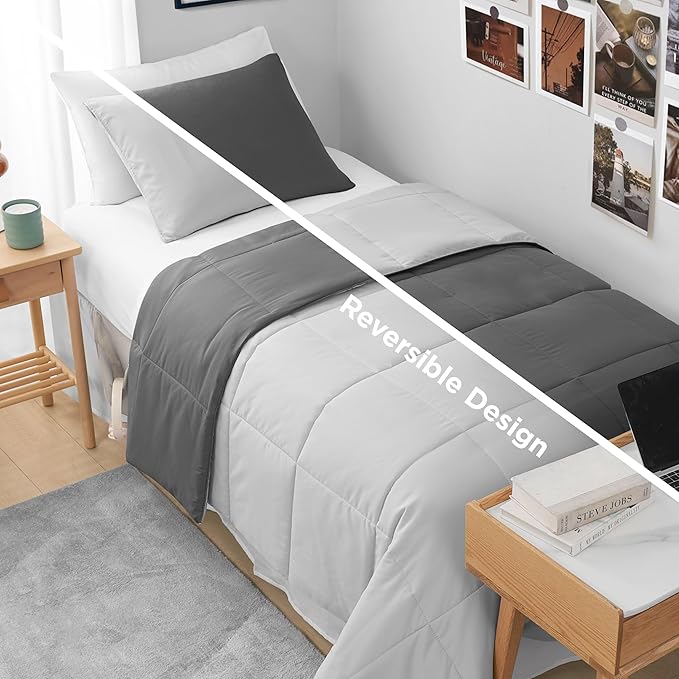 Reversible Box Stitch Comforter Set, 3-Piece King – Dark Grey/Light Grey – Stylish Bedding Set