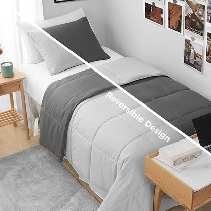 Reversible Box Stitch Comforter Set, 3-Piece King – Dark Grey/Light Grey – Stylish Bedding Set