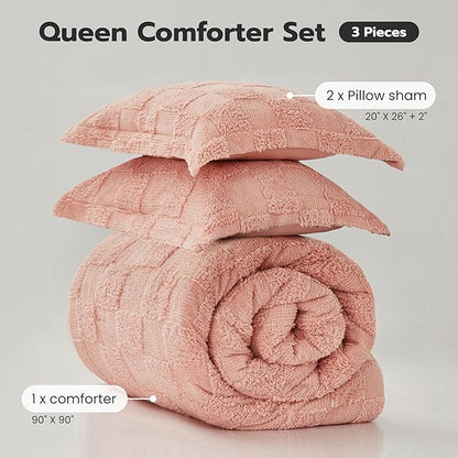 Joiedomi Tufted Queen Comforter Set, 3 Pieces Coral Pink Boho Queen Bedding Set with 1 Plaid Geometric Comforter and 2 Pillow Shams, Checkered Bed in a Bag for All Seasons