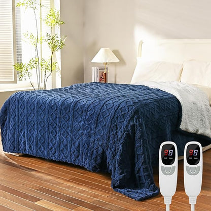 Heated Blanket Electric Queen Size - 84"x90" Electric Blanket with Dual Control, 9 Heat Levels and 1-10 Hours Timer, Soft Jacquard Fleece & Sherpa Washable, Great Gift Idea - Navy Blue