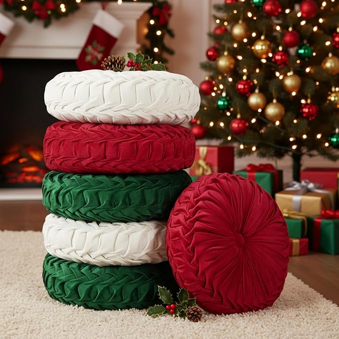 Yerliker 6 Pcs Floor Pillow Cushions 15inch Round Velvet Throw Pillows Colorful Flexible Cushions Alternative Pillows for Couch Chair Living Room Bedroom Home Office Decor(Christmas Color)