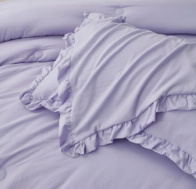 Chezmoi Collection Nora Lavender Comforter Set Oversized King Size 3-Piece Fluffy Soft Lightweight Bedding Ruffled Edge Trim Stone-Washed Microfiber Comforter Set for All Season