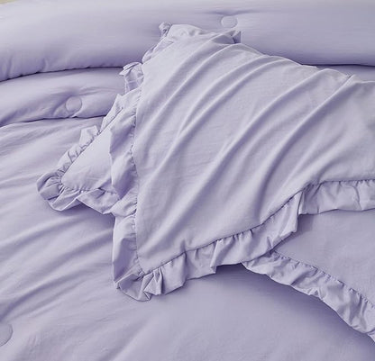 Chezmoi Collection Nora Lavender Comforter Set Twin Size 2-Piece Lightweight Soft Fluffy Ruffled Edge Trim Stone-Washed Microfiber Comforter Set for All Season