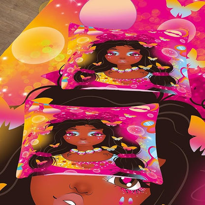 Tailor Shop Kawaii Black Girl Comforter Set King Bedding Sets for Girls Fantasy Magic Cosmetic Pink Comforter African American Black Girl Bedding Set Girls Room Decor with 2 Pillowcases