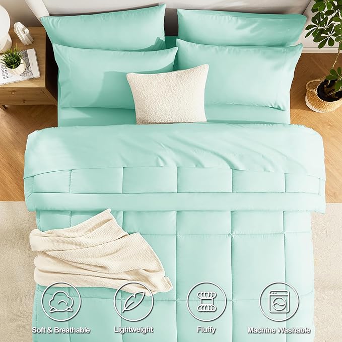 CozyLux Full Size Comforter Sets Mint Green, 7 Pieces Bed in a Bag, Green Comforter Full Size, All Season Bedding Sets with Stitch Quilted Comforter, Flat Sheet, Fitted Sheet, Pillowcases