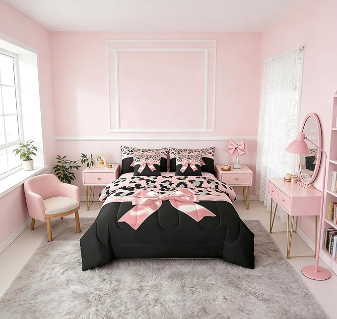 Feelyou Pink Silk Bowknot 7 Piece Bedding Set Twin Size Grey Leopard Comforter Set with Sheets for Kids Girls Women Black Pink Bed in a Bag Sweet Romantic Bed Set