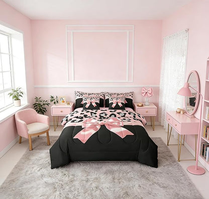 Feelyou Pink Silk Bowknot 7 Piece Bedding Set Queen Size Grey Leopard Comforter Set with Sheets for Kids Girls Women Black Pink Bed in a Bag Sweet Romantic Bed Set