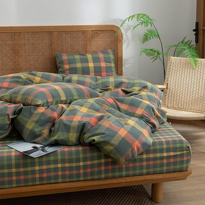 VM VOUGEMARKET Gingham Comforter Set Full Multi-Color Plaid Grid Comforter with 2 Pillowcases Modern Simple Style Bedding Set for All Seasons-80 x90
