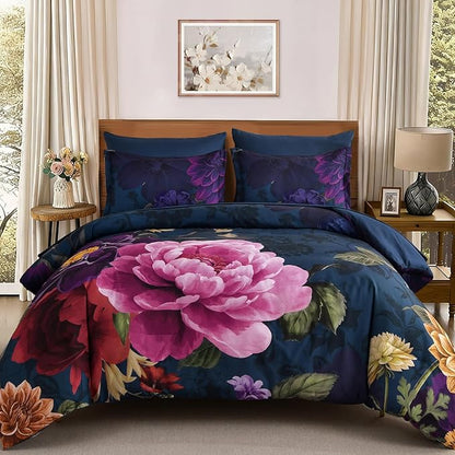 WONGS BEDDING Blue Comforter Set King Size, 7 Pieces Floral Bed in a Bag Set, Navy Blue and Pink Flower Bedding Set, Soft Microfiber for All Season with Pillowcases & Shams,Sheets(90"×104")
