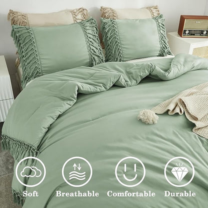 Andency Comforter King Size Set Sage Green, 3 Pieces Boho Tassel Lightweight Vintage Soft Bedding Comforter Sets for King Bed, All Season Fluffy Fringe Bed Set (104x90In Comforter & 2 Pillowcases)