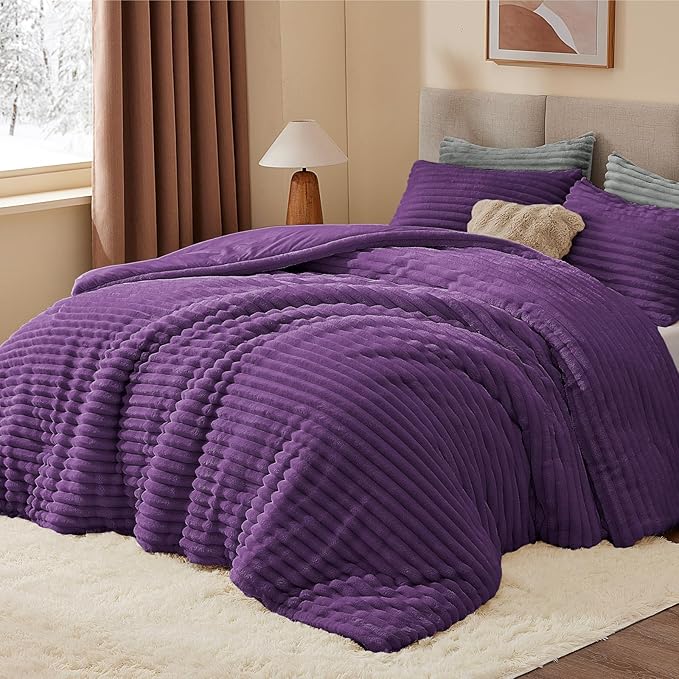 BEDELITE Fleece Full Comforter Set -Super Soft & Warm Fluffy Purple Bedding, Luxury Fuzzy Heavy Bed Set for Winter with 2 Pillow Cases