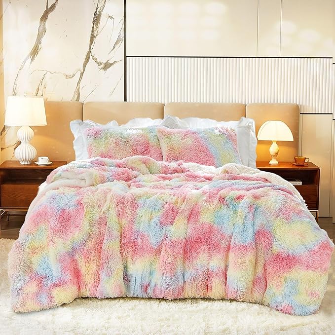Luxury Faux Fur Shaggy Comforter Set King Size, Plush & Sherpa Reversible Comforter Tie Dye Rainbow, 3 Pieces Fluffy Fuzzy Bedding Set Ultra Soft and Warm for Winter (1 Comforter + 2 Pillowcases)