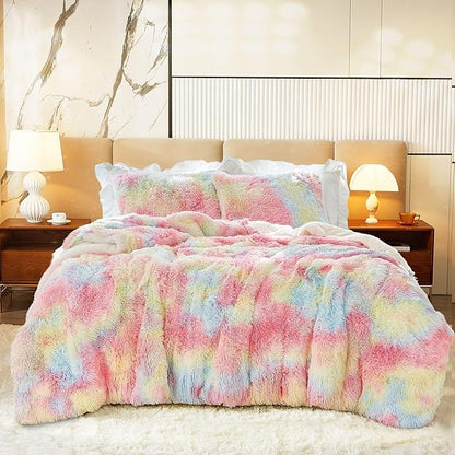 Luxury Faux Fur Shaggy Comforter Set Full/Queen Size, Plush & Sherpa Reversible Comforter Tie Dye Rainbow, 3-Piece Fluffy Fuzzy Bedding Set Ultra Soft and Warm for Winter (1 Comforter + 2 Pillowcases)