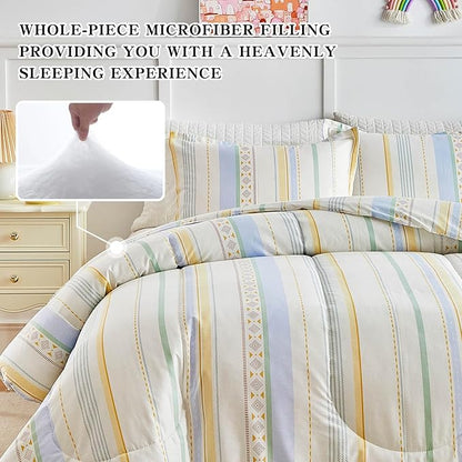 Joyreap 3pcs Cotton Comforter Set Queen, Stripes Boho Blue Yellow Beige Design, Soft Cozy Lightweight Bedding Comforter Set for All Seasons- 88x88 inches