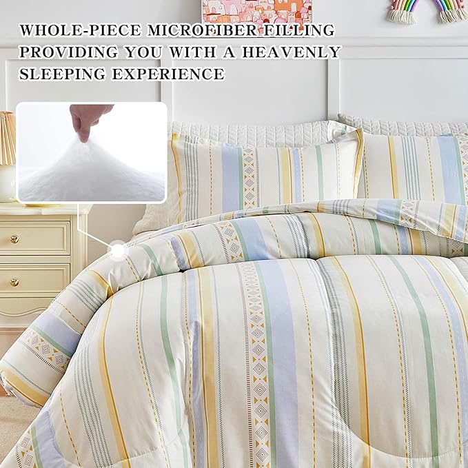 Joyreap 3pcs Cotton Comforter Set Twin, Stripes Boho Blue Yellow Beige Design, Soft Cozy Lightweight Bedding Comforter Set for All Seasons- 68x88 inches