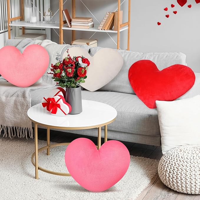 Suzile 4 Pcs Valentine's Day Heart Throw Pillows Red White Pink Heart Shape Plush Love Pillow Soft Decorative Back Cushion Valentine Decorative Pillows for Women Bed Sofa Chair Home Decor Wedding Gift