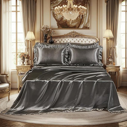 Grey Comforter Set with Satin Sheet Set Full 8 Pieces Silk Like Satin Bedding Set Luxury Silky Ruffle Pattern Home Deocr Sexy Hotel Silky Bed Set with 1 Cushion Cover