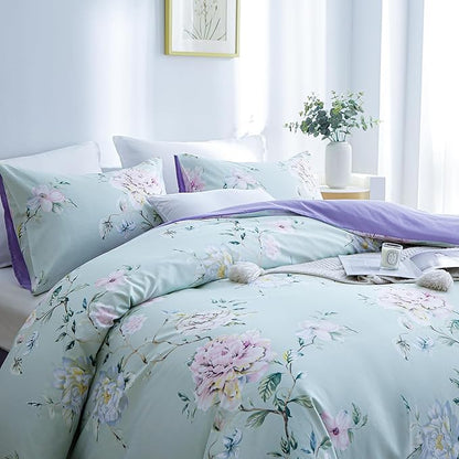 BOLINLIVING Floral Full Comforter Set, Soft Breathable Bed in a Bag King Size 3 Pieces, Green and Purple Floral Bedding Set for All Season, 1 Comforter & 2 Pillowcases