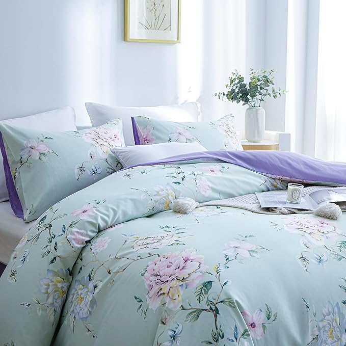 BOLINLIVING Floral King Comforter Set 3 Pieces, Soft Breathable Bed in a Bag King Size, Green and Purple Floral Bedding Set for All Season, 1 Comforter & 2 Pillowcases