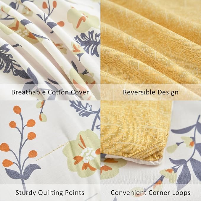 Yellow Floral Cotton Comforter Queen Size - Refreshing Design with Blue, Orange & Slate Gray Botanical Pattern on Off White,3PC Lightweight Bedding Set with Ultra-Soft Alternative Fill (Queen)
