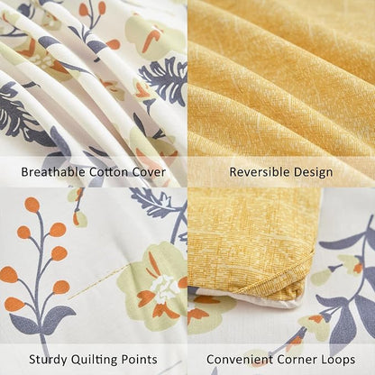 Yellow Floral Cotton Comforter Queen Size - Refreshing Design with Blue, Orange & Slate Gray Botanical Pattern on Off White,3PC Lightweight Bedding Set with Ultra-Soft Alternative Fill (Queen)