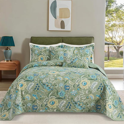 BEDIFANY Farmhouse Queen Quilt Bedding Set - Cotton Lightweight Bedspread with Floral Pattern, 90x98 Inch All Season Coverlet Set, 3 Piece (Quilt + 2 Pillow Shams)