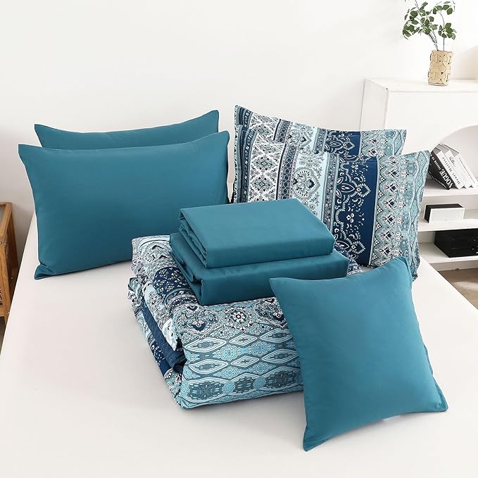 Cottolester Boho Full Size Comforter Set 8 Pieces, Teal Blue Comforter Bohemian Striped Bed in A Bag, Soft Microfiber Bedding Set for All Seasons