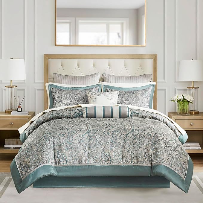 Madison Park Aubrey Cozy 12 Piece Comforter Set & Sheet, Luxe Faux Silk Jacquard Paisley Design - All Season Down Alternative Bedding with Cotton Bed Sheets, Bedskirt, Toss Pillows, King Teal