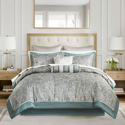 Madison Park Aubrey Cozy 12 Piece Comforter Set & Sheet, Luxe Faux Silk Jacquard Paisley Design - All Season Down Alternative Bedding with Cotton Bed Sheets, Bedskirt, Toss Pillows, Cal King Teal